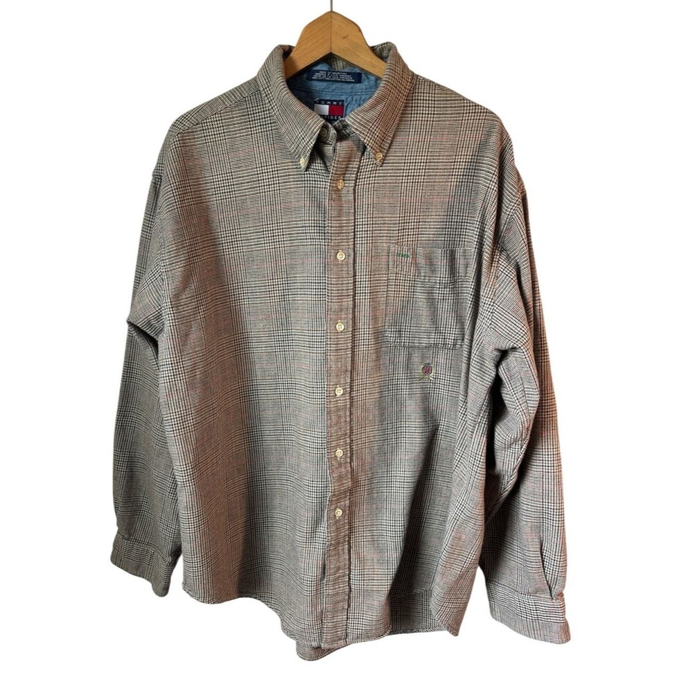 Vintage 90s Tommy Hilfiger Herringbone Crest Button Down Dress Shirt XL Cotton